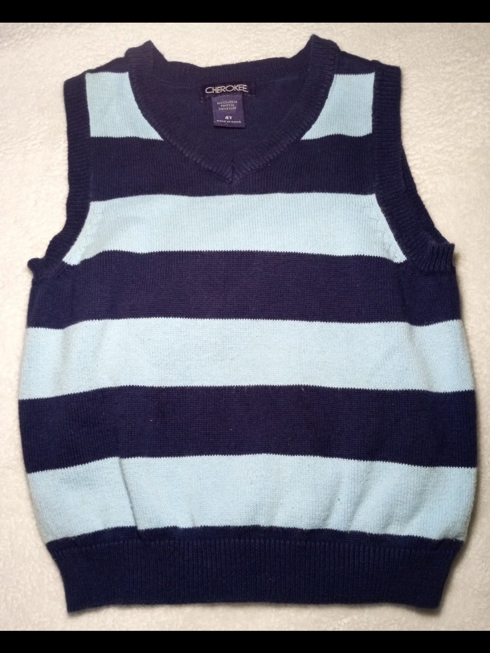 Cherokee Toddler Boys 4T Sweater Vest Navy Light Blue Striped V-Neck Pullover